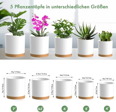 Набір з 5 квіткових горщиків з блюдцями, 17,8/15,2/14/12,7/10,2 см, пластикові кашпо, гідропонні горщики, набір квіткових горщиків, ідеально підходить для кімнатних та балконних садів, білий з коричневим підносом 765,554 дюймів (5 шт.) білий, коричневий п