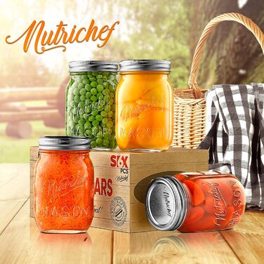 Банки Nutrichef Mason з кришками - 473 мл (16oz) скляні контейнери з магнітною кришкою для спецій, домашнього приготування, вівсянки на ніч, джему, меду, свічок, рукоділля, весільних сувенірів (набір 4 шт.)