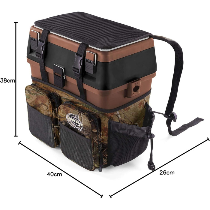 Рибальський ящик-сидіння, ящик для кількох приманок, ящик для сидіння та снастей з системою ременів для перенесення - включаючи 4 пластикові ящики, колір камуфляж-мисливський