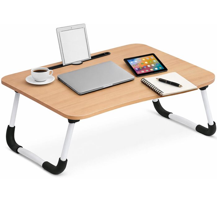 Складаний столик для ноутбука та сніданку дерев'яний піднос-стіл з тримачем для планшета, для дивана та ліжка, багатофункціональний столик для роботи, навчання, читання та їжі, (60 см)