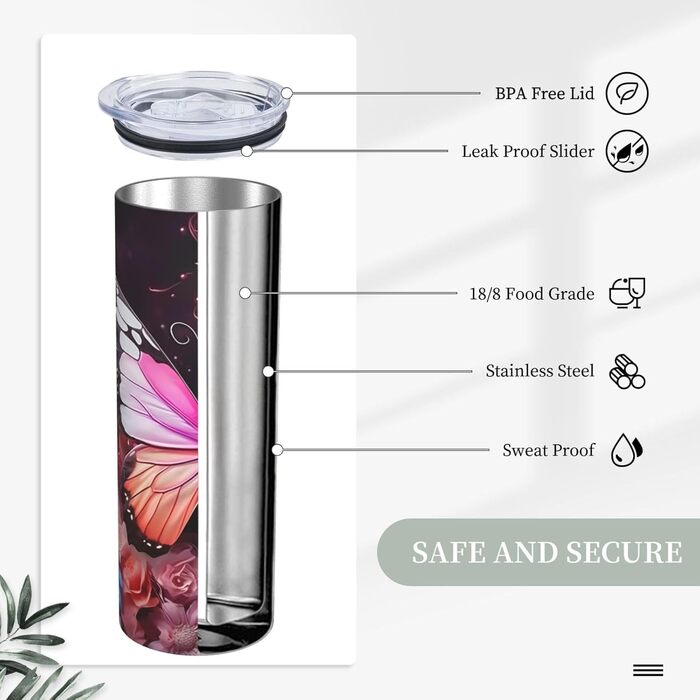 Кухоль з прямою трубочкою, принтом з метеликами та квітами, дорожній кухоль, підходить для кемпінгу, офісу та дому, 590 мл