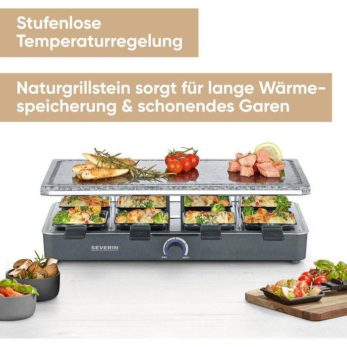 Гриль SEVERIN raclette party з натуральним каменем гриль, раклет з кам'яною пластиною для гриля та 8 сковородами з антипригарним покриттям, настільний гриль на 8 осіб, макс. 1300 Вт, чорний, поворотний регулятор RG 2372 з індикатором