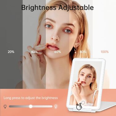 Косметичне дзеркало FUNTOUCH зі світлом, портативне ультратонке дзеркало для подорожей зі світлом, що перезаряджається, 3 кольорові підсвічування, сенсорне дзеркало для макіяжу з регулюванням яскравості, складне дзеркало для макіяжу (біле)
