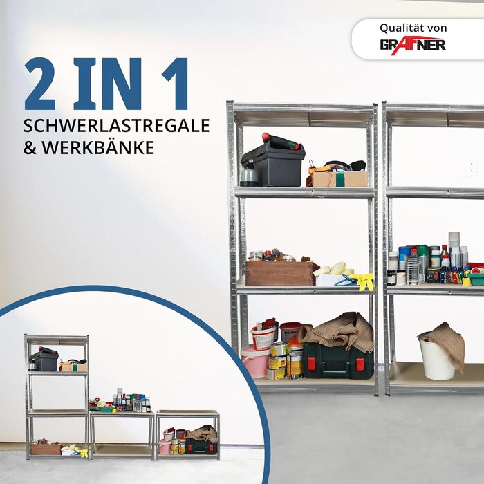 Подвійний надміцний стелаж Grafner, комплект з 2 шт., з 8 полицями МДФ, максимальне навантаження 1400 кг, закруглені кути, 160x160x40 см, безболтовий стелаж Twin Pack, стелаж для зберігання, стелаж для підвалу