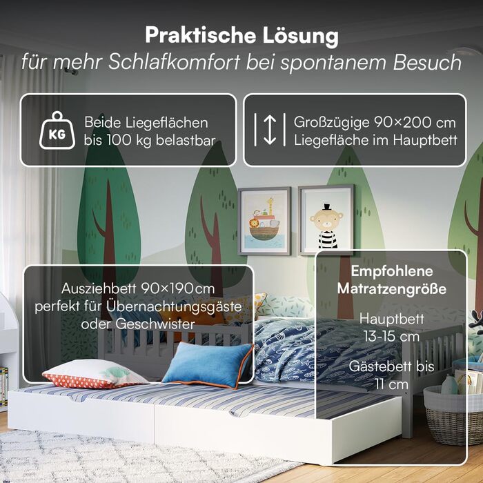 Дитяче ліжко Bellabino Vils 90x200 см Ліжко для малюків, що розкладається до 90x190 см, із захистом від падіння та рейковою основою Дитяче ліжко Монтессорі з масиву сосни білого кольору для хлопчиків та дівчаток. Біле з гостьовим ліжком (матрац не входить