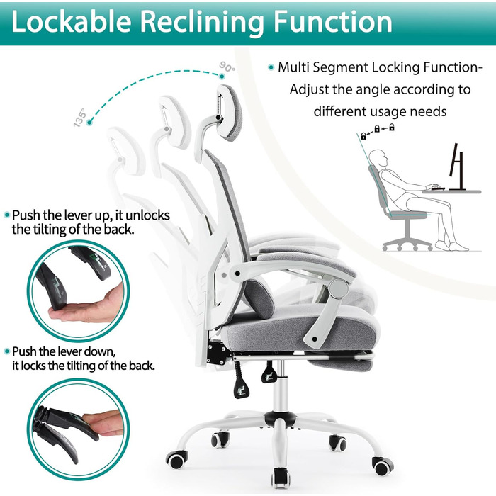 Ергономічне офісне крісло DUMOS, письмове крісло зі зручними підлокітниками, оснащене зручною поперековою опорою та підставкою для ніг, підходить для домашнього використання, C-3509-сірий, 50,75 x 39 x 26 дюймів