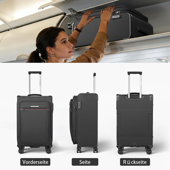 Розширюваний валіза-кейc з мяким корпусом - ручна поклажа, малий розмір 55x38x23 см, тканинний валіза на колесах, водонепроникний, з 4 колесами та TSA замком, обєм 48 літрів, чорний S Чорний