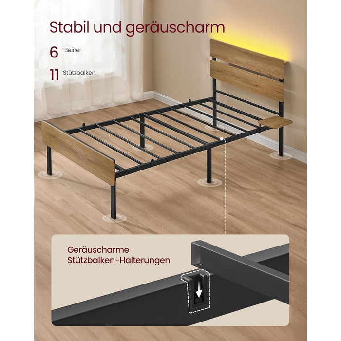 Каркас односпального ліжка VASAGLE, Ліжко, 90 x 200 см, Металевий каркас, Світлодіодне освітлення, Порти USB-A та USB-C, Місце для зберігання під ліжком, Індустріальний стиль, Легке складання, Натуральний коричневий RMB102K01