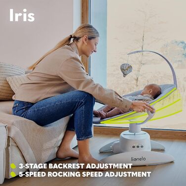 Електричний дитячий шезлонг LIONELO Iris 360o поворотний для немовлят до 9 кг Регульована спинка, 5 швидкостей зважування Нековзний ремінь безпеки, 12 мелодій Кронштейн з іграшкою Пульт дистанційного керування (бежевий)
