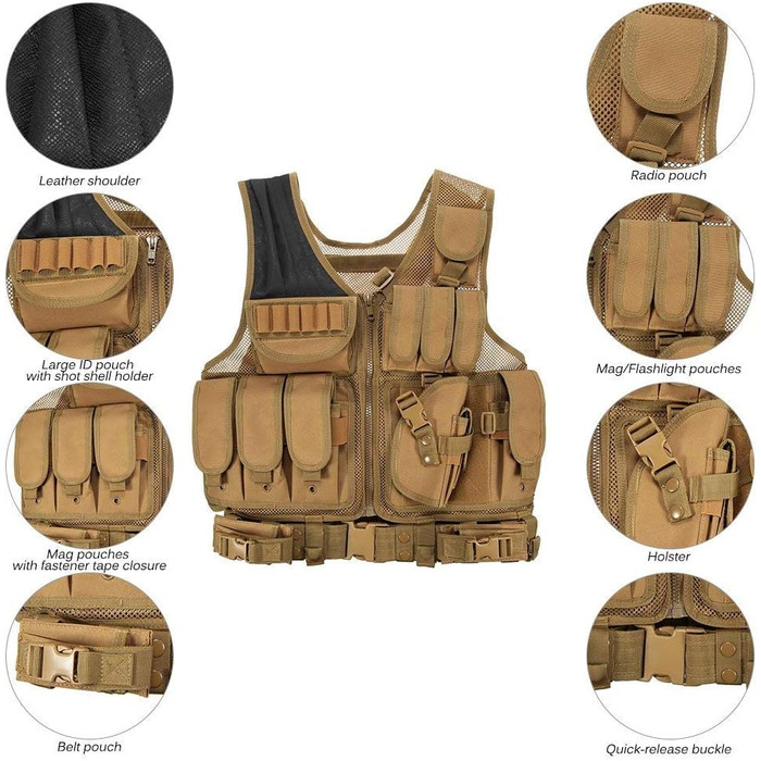 Чоловічий тактичний жилет Lejie Tactical Vest Чоловічий жилет на відкритому повітрі з кишенями - тактичний жилет для полювання риболовлі кемпінгу Airsoft Пейнтбол Військовий 58 * 40см TAN