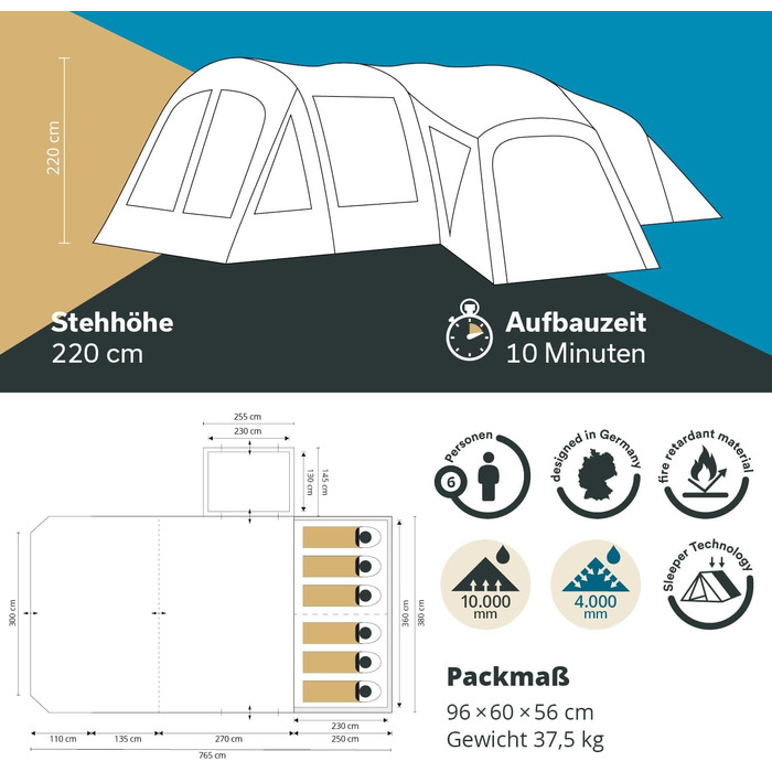 Надувний намет Skandika Timola 6 Air Надувний намет на 6 осіб, з/без технології Sleeper Technology, водяний стовп 4000 мм, висота стояння 220 см, тент, надувний намет Сімейний намет, для активного відпочинку на природі, кемпінгу на 6 осіб - Sleeper XL Plu