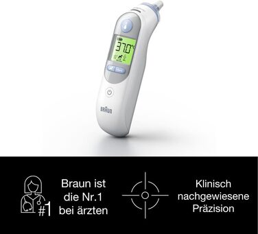 Вушний термометр Braun ThermoScan 7 (точність за віком, кольоровий дисплей температури, лихоманка, безпечний, гігієнічний, клінічно точний, ніжний) IRT6520, ука (1 упаковка), цифровий 6520 білий