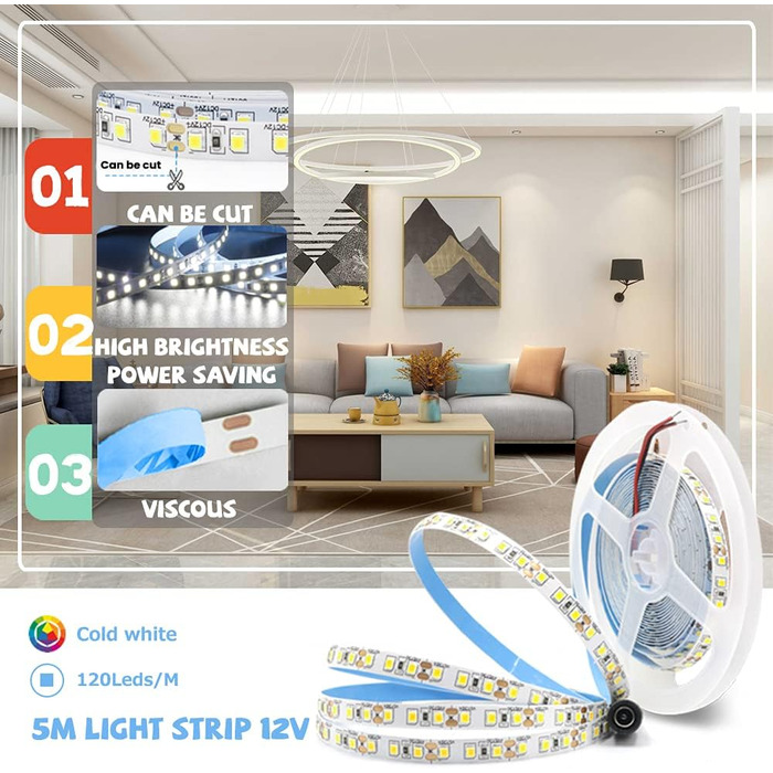 Світлодіодна стрічка Arote Light 5м 12V холодна біла 6000K 600LEDS Світлодіодна стрічка 2835SMD Самоклеючі світлодіодні стрічки Струнні світильники з диммером IP20 з блоком живлення для кухні, кабінету, вечірки