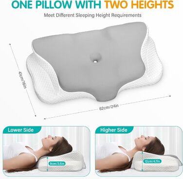 Подушка для шиї, подушка з піни з ефектом пам&39яті, подушка для шиї, подушка для голови, ергономічна подушка для сну на боці, на спині та на животі, 62x49/12 см, сірий/білий