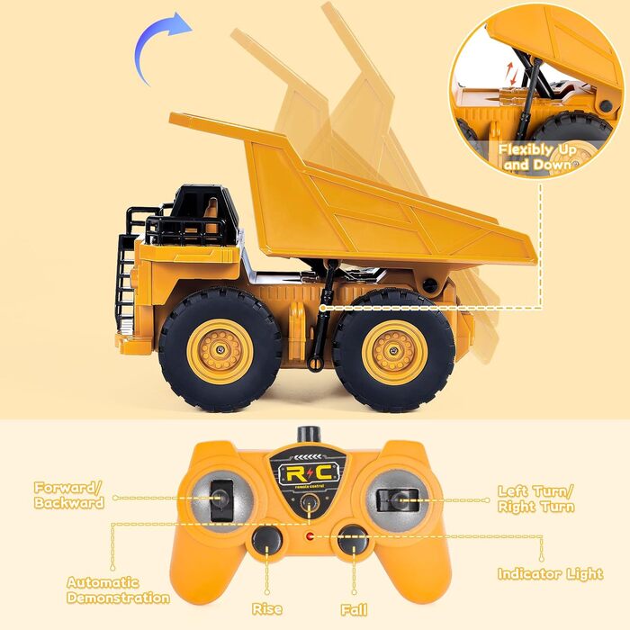 Дистанційно керований самоскид для дітей, 6-канальний RC самоскид самоскид вантажівка іграшка будівельний майданчик транспортний засіб дітей 124 дистанційно керований самоскид іграшка зі світлом і звуком