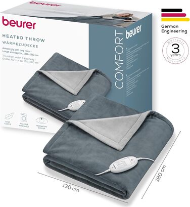 Ковдра Beurer HD 75 Dark Grey, м&39яка, з підігрівом, 6 температурних режимів, можна прати в пральній машині, з автоматичним вимкненням та додатковою безпекою, темно-сіра, 180 x 130 см