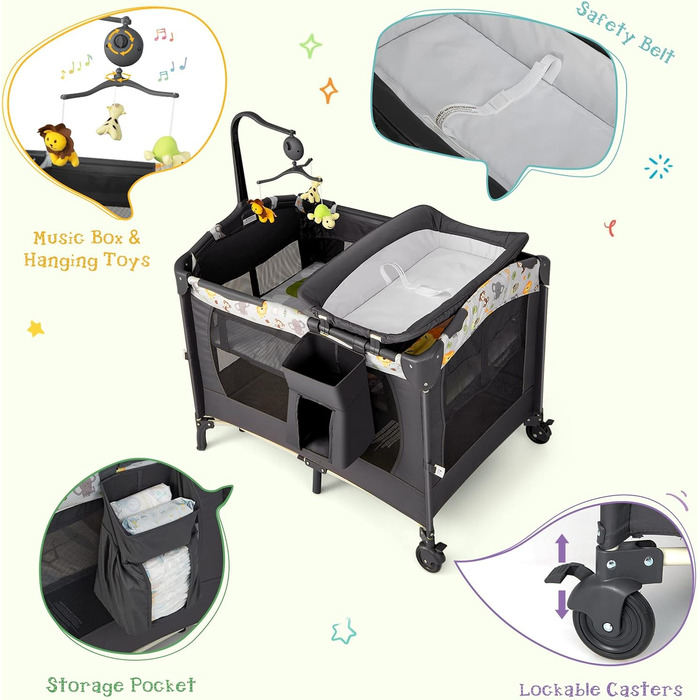 Складане дитяче ліжечко LIFEZEAL 4-в-1, приліжкове ліжечко 107 x 72 см з U-подібним тримачем для підгузків, регульоване по висоті дитяче дорожнє ліжечко, дитячий центр з музичним мобільним телефоном, дитяче дорожнє ліжечко з пеленальний килимок (сірий)