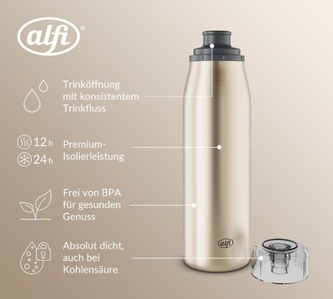 Пляшка alfi ISO 500 мл, золоте шампанське, ізольована пляшка з нержавіючої сталі, абсолютно герметична кришка, що закручується, зберігає напої гарячими 12 годин, холодними 24 години, підходить для газованих напоїв, без BPA, 500 мл золоте шампанське