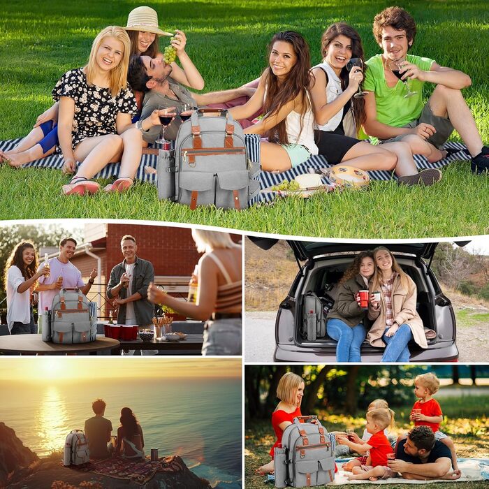 Рюкзак для пікніка на 4 особи з відділенням-холодильником та підставкою для вина, флісовою ковдрою, набором столових приборів, для кемпінгу, пляжу, одноденних поїздок, походів, аксесуарами (світло-сірий)