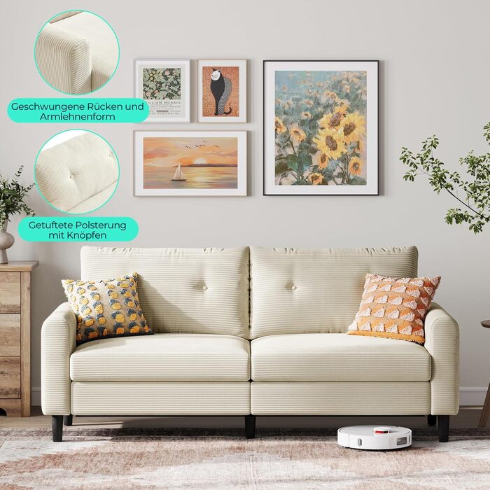 Місний диван LINSY HOME, ширина 201 см, диван з регульованою глибиною сидіння, невеликий диван-кутник для вітальні, спальні, квартири, офісу, бежевий, сучасний, 3-