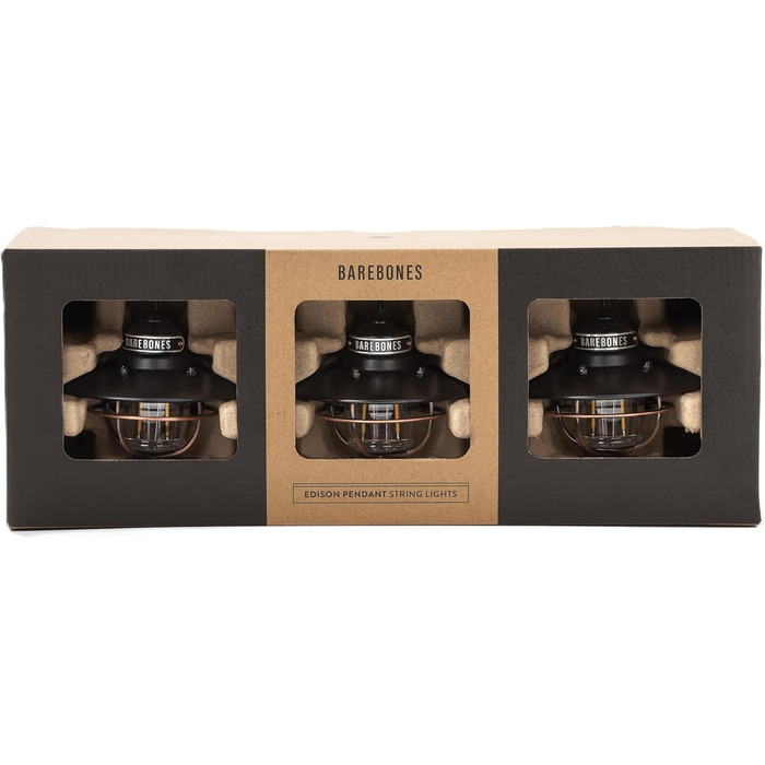 Підвісні гірлянди Barebones Edison - чорні, 3 світлодіодні лампочки в стилі Edison з 3-метровим кабелем, енергоефективні вуличні ліхтарі для патіо, саду або внутрішнього декору