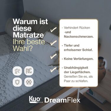 Матрац KUO Dream - DreamFlex Віскоеластичний Ергономічний та повітропроникний Літній/Зимовий бік Висота 23 см Поперекова підтримка, 90 x 200 см