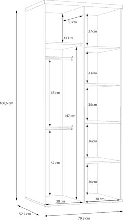 Гардероб Forte WINNIE 80, сучасна шафа, дитяча шафа, спальня, скандинавський стиль, 2-дверна, декор дуба сонома/білий, 80 см завширшки x 189 см заввишки x 53 см завглибшки