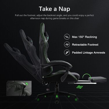 Ігрове крісло GTPLAYER, ергономічне ігрове крісло, стілець для роботи, гоночне крісло для ПК з підставкою для ніг, динаміки, музика, офісне крісло, витримує до 150 кг, зелений