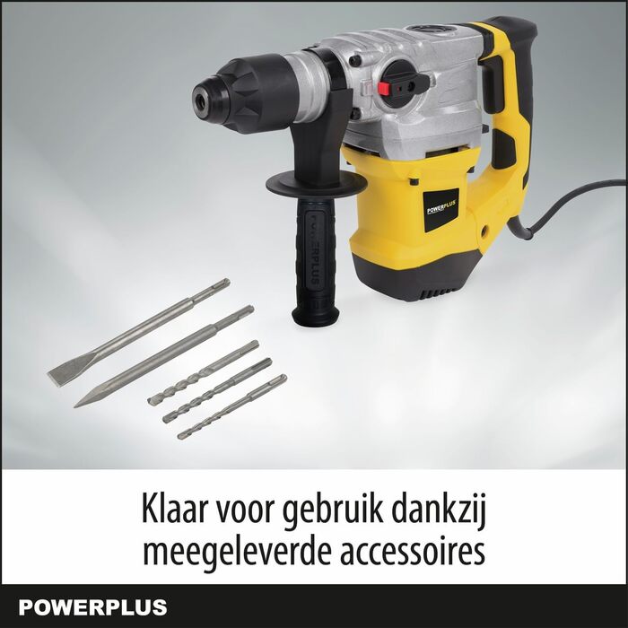 Перфоратор POWER plus POWX1195 свердлить, довбати та молотувати Комплект для бетону, цегли та дерева з кейсом та набором аксесуарів (зубило, бури) 6 Дж 5 шт. (SDS plus), потужність 1500 Вт