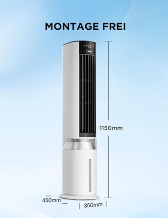 Мобільний охолоджувач повітря Midea з водяним охолодженням, 7л резервуар для води, продуктивність 2000 м/год, Sensicool Smart Temp Control, іонізація, 6 швидкостей, 5 режимів, таймер на 12 годин, сенсорний дисплей, білий колір, резервуар 7л