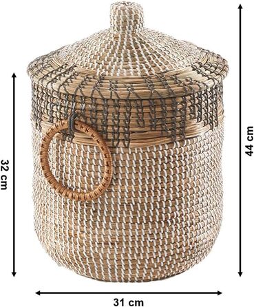 Кошик Kobolo BIRA зі зміями та морською травою Ø 31 см, В 44 см Кошик ручної роботи з кришкою бежевого кольору Органайзер Декоративний кошик Виготовлений з натурального матеріалу для іграшок, газет або книг