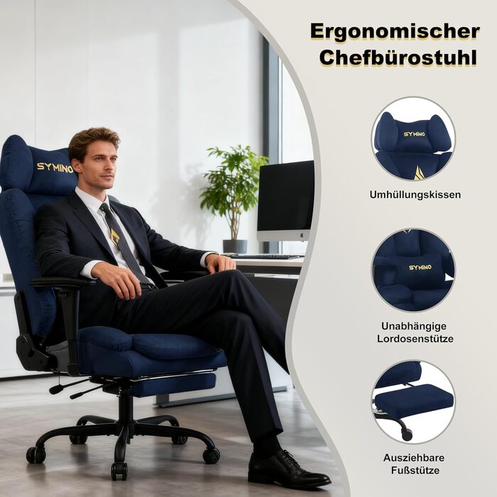 Ігрове крісло Symino, схоже на диван, з огортаючим сидінням, ергономічне офісне крісло керівника, стілець зі штучної замші, комп&39ютерне крісло з регульованою висотою, вантажопідйомність 130 кг, темно-синє