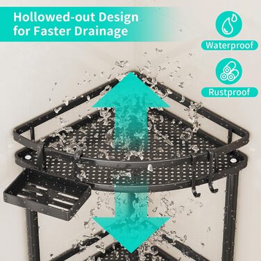 Кутова полиця для душу HapiRm без свердління - 3 предмети, стояча полиця для душу з ящиком для зберігання та 4 гачками, окремостояча полиця для ванної кімнати, кошик для шампуню та гелю для душу - чорний колір