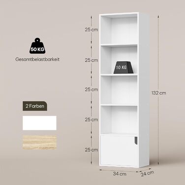 Біла книжкова полиця eSituro, вузька полиця з дверцятами, 5 відділень, окремостояча кубічна полиця для вітальні, спальні, офісу, 5 відділень, біла