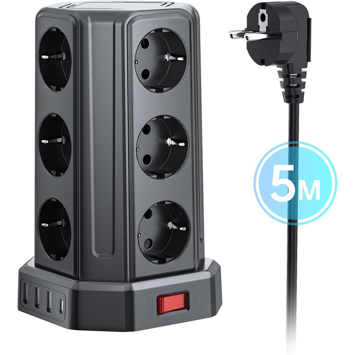 Шляхова розетка на 4000 Вт 16 А з подовжувачем 5 м, 3 розетки USB A і 1 розетка USB C із захистом від перенапруги, розетка для дом