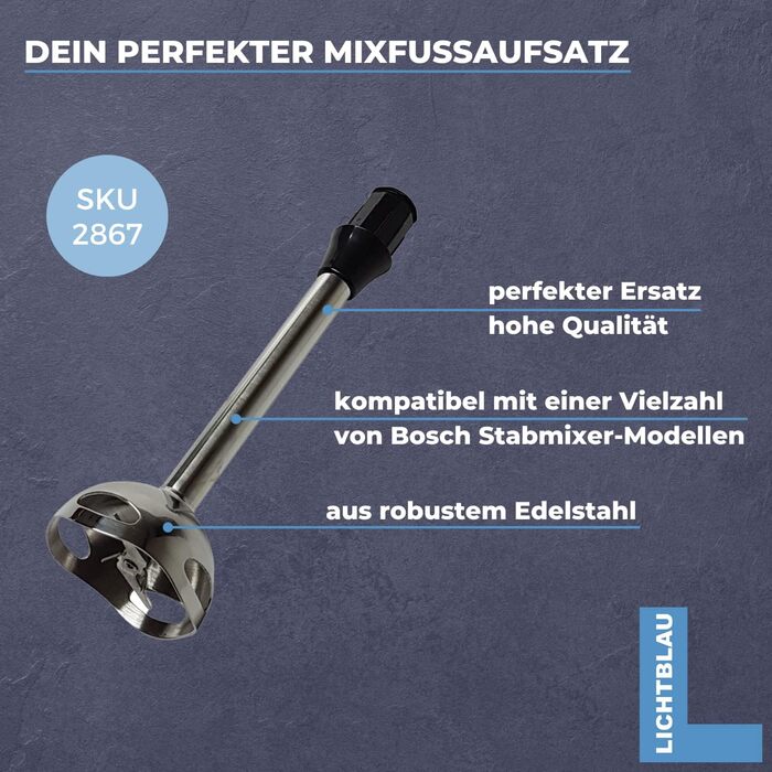 Світло-блакитний швидкий блендер для ручного блендера Bosch I Насадка для блендера підходить для ручного міксера MFQ, MQ, MS6, MSM6C і MSM6 I Заміна ніжки блендера з нержавіючої сталі I Запчастини для ручного блендера Bosch I Аксесуари Ручний блендер