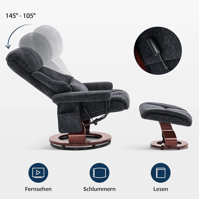 Крісло-реклайнер з підніжкою, обертове крісло для телевізора з функцією відкидання, сучасне крісло для телевізора для вітальні, з подушкою та бічною кишенею, 9066 (тканина, темно-сірий) темно-сіра тканина