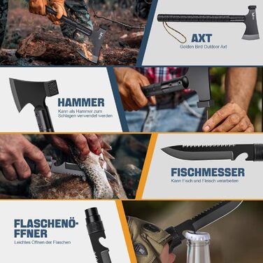 Золотий Птах Axt Survival 9-в-1 Набір для виживання та кемпінгу, гострий туристичний сокира-мультитул з молотком, піхвами, свистком та компасом (41 см)