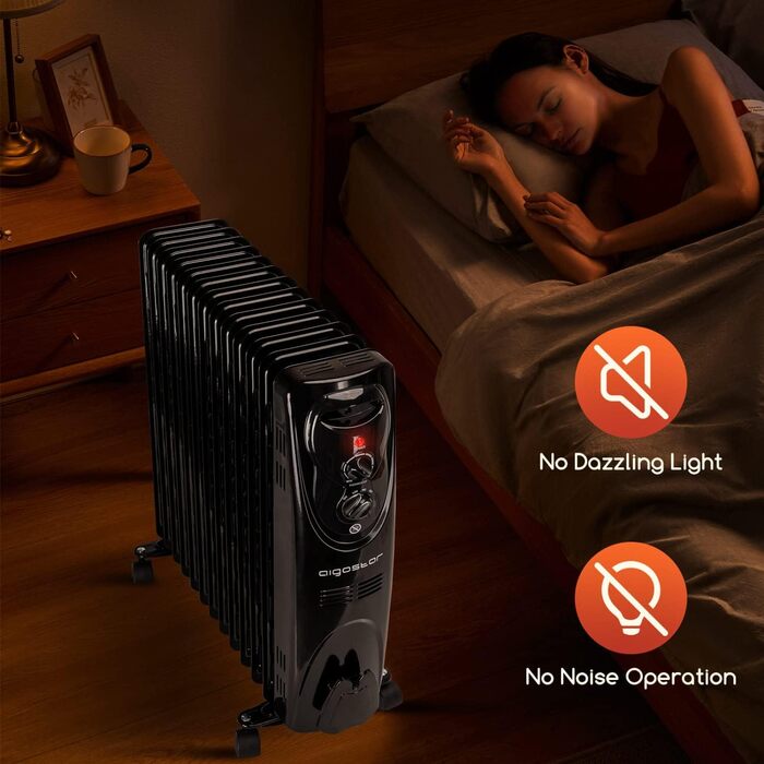 Масляний радіатор Aigostar потужністю 2500 Вт з 13 ребрами, мобільний електричний обігрівач, енергозберігаючий, портативний масляний обігрівач, 3 режими нагріву, термостат, захист від перекидання та перегріву, чорний