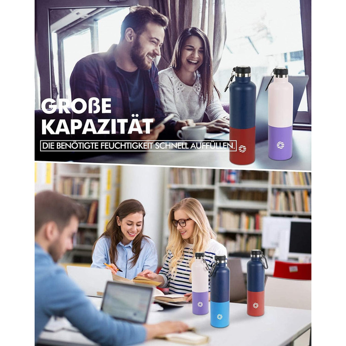 Пляшка для води FEIJIAN з нержавіючої сталі 1 л з карабіном - герметична термос для газованих напоїв, кави, чаю, без BPA, спортивна та туристична пляшка для води з газованими напоями, для університету, школи, кемпінгу, велоспорту, синьо-червона, 1000 мл