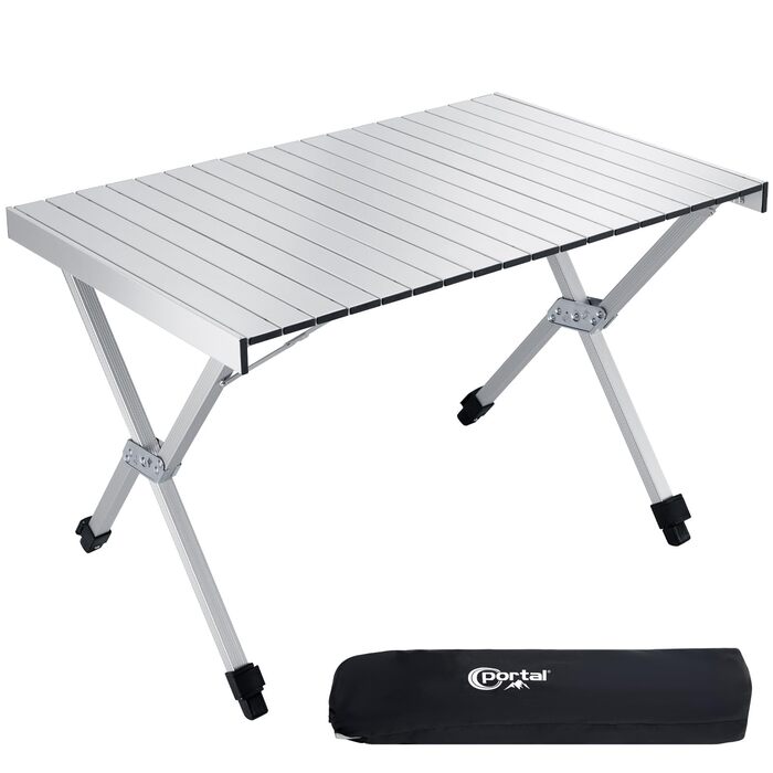 Складаний кемпінговий стіл PORTAL, регульована висота, алюмінієвий, 108 x 71 см, зсувний, легкий, для пікніків, вечірок, садів, походів, подорожей, сріблястий
