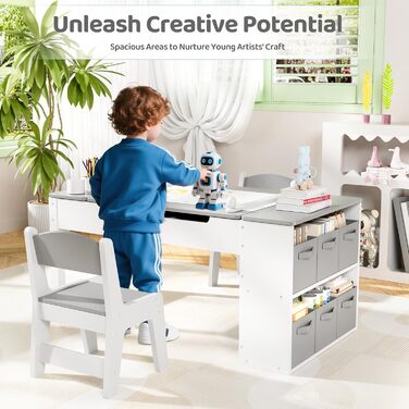 Дитячий стіл MAMIZO з 2 стільцями, дерев&39яний дитячий стіл та комплект стільців, дитячий комплект сидіння з місцем для зберігання та рулоном паперу, стіл для малювання та рукоділля, художній стіл для дітей від 3 років, сірий