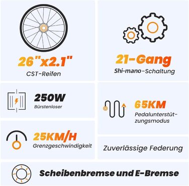 Електровелосипед Touroll U1, 26/29 дюймів, для чоловіків та жінок, зі знімним акумулятором 36 В 13 Аг, двигуном 250 Вт, MTB, гірський електровелосипед з 21 передачею, запас ходу понад 65 км, позашляхові шини CST 26 дюймів