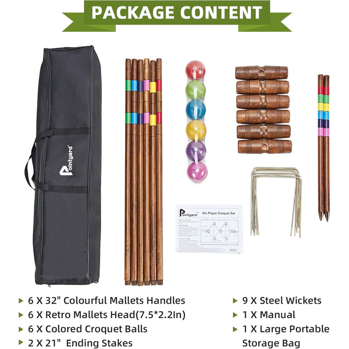 Набір для крокету Pointyard для 6 гравців, 81,3 см, вінтажний стиль, набір для крокету з дерев&39яними молотками/кольоровими м&39ячами/хвіртками/кілками для дорослих/молоді/сім&39ї, ідеально підходить для гри на газоні/задньому дворі/парку, вінтажний арха