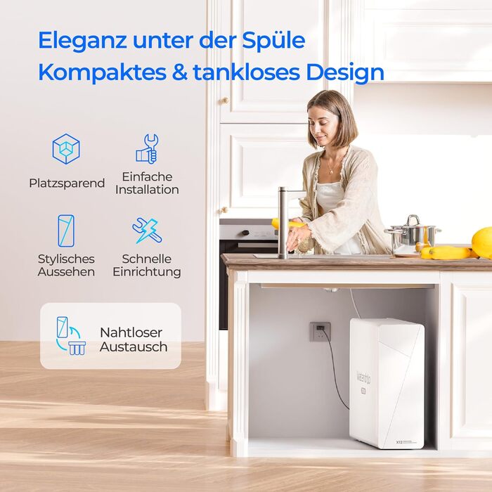 Система зворотного осмосу Waterdrop X12 Alkaline Mineral pH, сертифікована NSF/ANSI 58&372, швидкий потік 1200 GPD, 11-ступенева фільтрація без резервуару, 31 чистий для зливу, під прилавком, без BPA