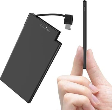 Ультратонкий портативний зарядний пристрій Auskang Powerbank USB C з кабелем 0,68 см Ультратонкий і легкий зовнішній акумулятор, сумісний з iPhone 15, Samsuang, Xiaomi тощо - чорний