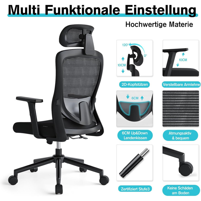 Ергономічне офісне крісло з регульованою поперековою опорою, 2D підголівником та підлокітниками, ергономічне офісне крісло з функцією нахилу 120, обертове крісло, офісні крісла 150 кг, чорні нейлонові колеса