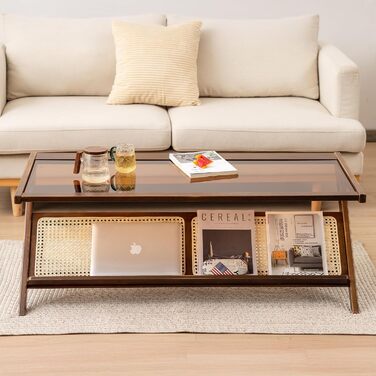 Скляний журнальний столик, 120 x 56 x 44 см, сучасний прямокутний журнальний столик, що підходить для вітальні, квартири та тераси, темний горіх