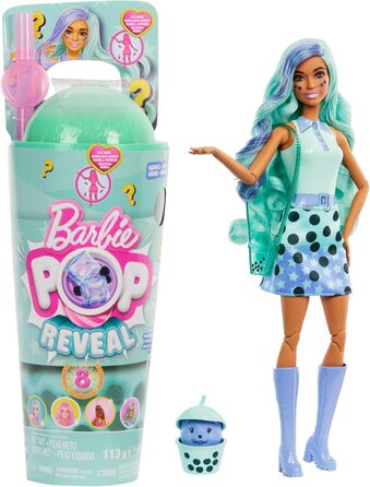 Лялька та аксесуари серії Barbie Pop Reveal Bubble Tea, лялька-модель із запашного зеленого чаю з домашнім улюбленцем, 8 сюрпризів