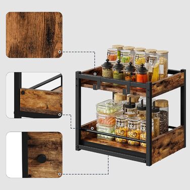 Підставка для спецій HOOBRO, 2-рівнева кухонна полиця, підставка для спецій з висувними лотками та гачками, кухонний органайзер, для кухні, вітальні, спальні, рустикальний коричневий та чорний EBF08TL01
